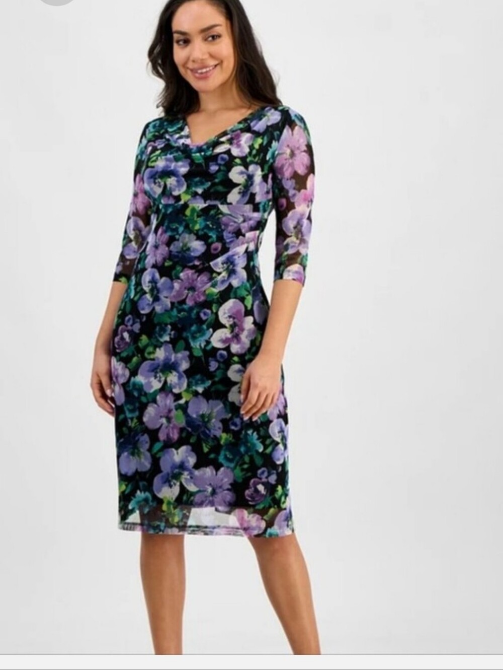 Connected Apparel 22W NWT Purple Floral Cowl Neck Midi Dress Plus Size